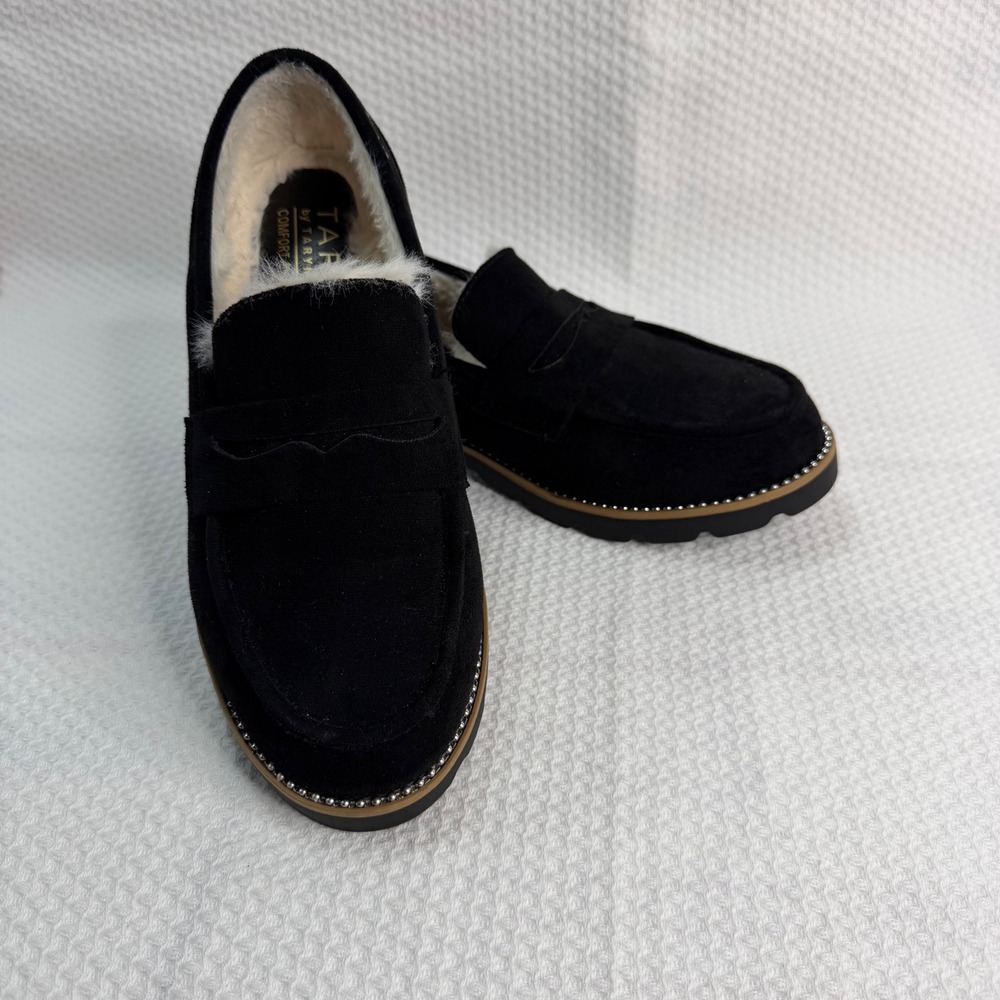 Taryn by Taryn Rose Womens Black Suede Faux Fur Lined Lug Sole Loafers 8.5
